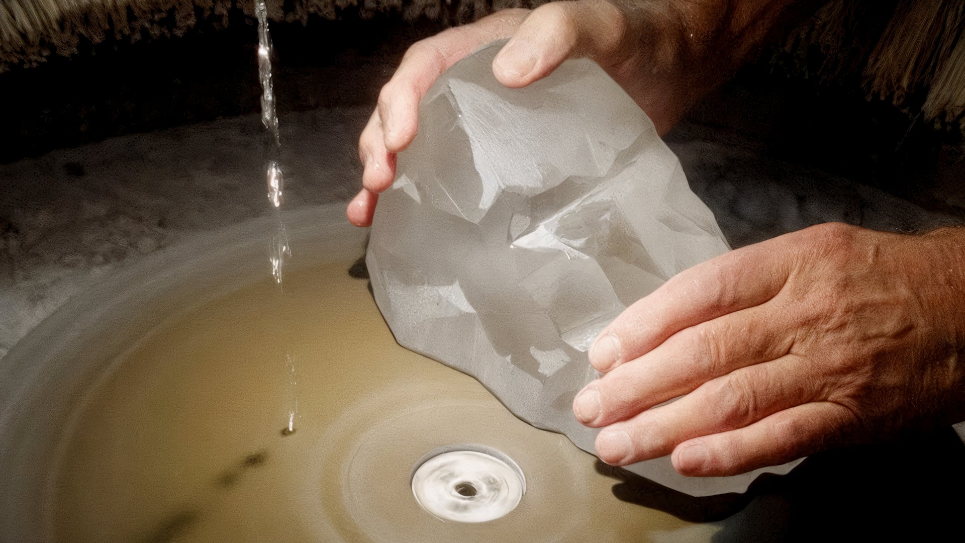 A close-up of a person's hands holding a translucent, textured white stone or glass piece over a spinning wheel with water spraying.