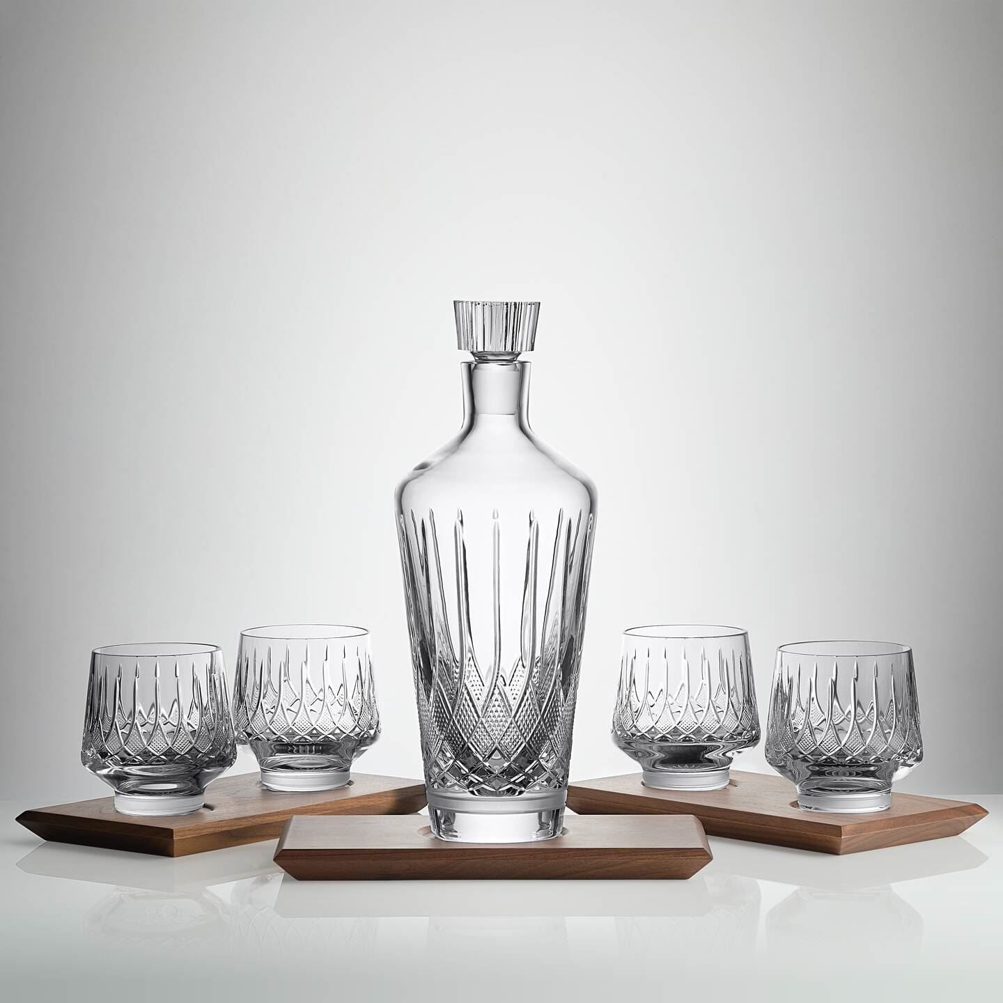 Waterford Waterford Mastercraft Lismore Arcus 8-Piece Barware Set – Decanter, Tumbler Set/4, Wooden Tray Set/3 Image